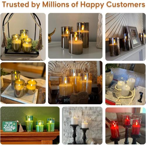 Eywamage Smoke Grey Glass Flameless Pillar Candles with Remote, Flickering LED Battery Candles Table Decor Set of 3