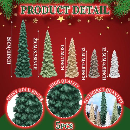 5 Pcs Sage Green Christmas Tree Figurines 11''/ 8.6''/ 7''/4.7'' Glittered Christmas Trees Resin Stone Xmas Holiday Figurines Xmas Desk Decor Centerpieces for Tabletop Decorations