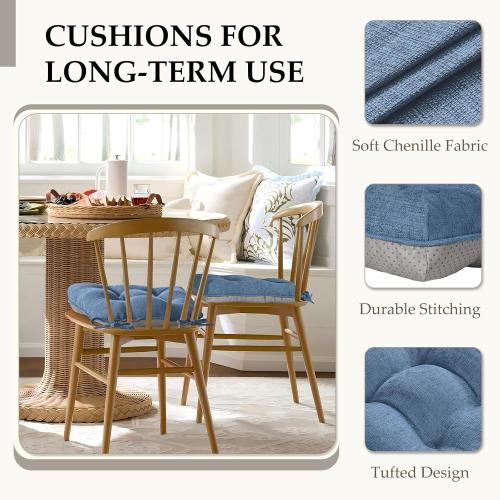 HARBOREST Chair Cushions for Dining Chairs Set of 4 - Chenille Tufted Kitchen Chair Cushions with Ties and Non-Slip Bottom, Foam Chair Pads for Dining Chairs, 17 x 17, Blue