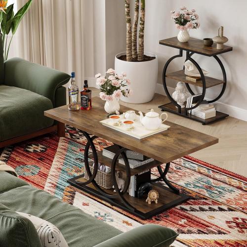 GiftGo Rustic Coffee Table with Storage Industrial 3 Tier Center Living Room Table Farmhouse Wooden Rectangle Cocktail Tea Table for Office Bedroom Elegant Full Moon Round Metal Frame (Brown, L-47)