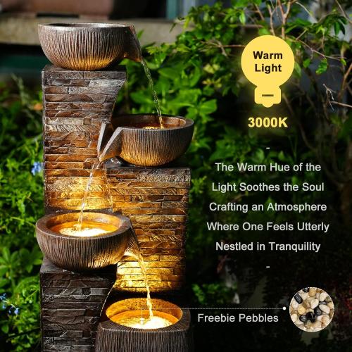 38.2 Tall Outdoor Water Fountain,Stone Texture Modern 4 Tiers Cascading Bowls Garden Fountains Outdoor,Suit for Patio, Deck, Porch, Lawns, Backyard and Home Art Decor
