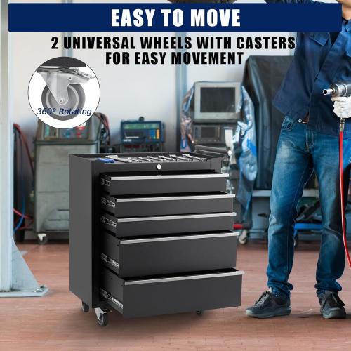 GarveeHome 5-Drawer Tool Chest, Rolling Tool Box with Wheels and Lock System, Portable Storage Rolling Tool Chest for Warehouse, Workshop & Repair Shop, Black