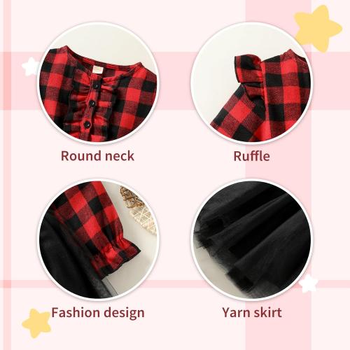 Toddler Kids Girls Clothes Christmas Dress Ruffle Red Plaid Black Mesh Skirt Outfits Overall Fall Winter 4-5Y