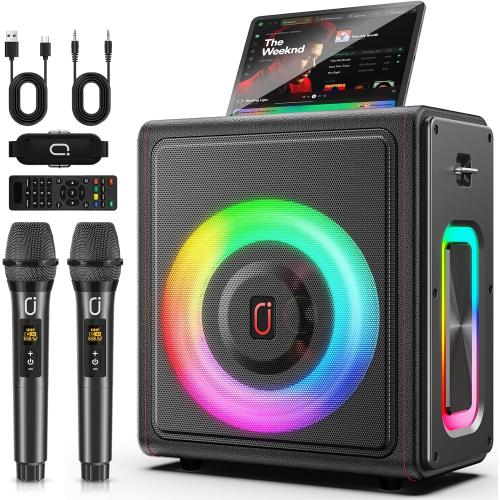 Karaoke Machine, Portable Bluetooth 5.3 Speaker with 2 Wireless Microphones for Adults, PA System with Pitch Correction & Echo Adjustment, Supports TWS/TF Card/USB/AUX/Live for Home Party (2MICS)