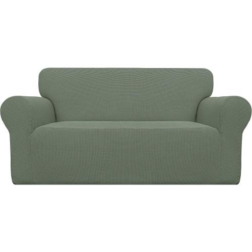 Easy-Going Stretch Loveseat Slipcover 1-Piece Sofa Cover Furniture Protector Couch Soft with Elastic Bottom for Kids Polyester Spandex Jacquard Fabric Small Checks (Loveseat, Greyish Green)