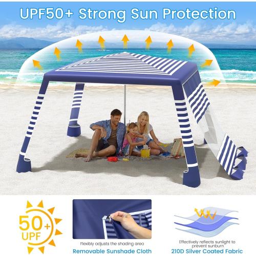 MoKo Beach Cabana, 8'×8' Large Beach Canopy with Side Wall, UPF 50  Protection Easy Setup Beach Tent Sun Shelter, Adjustable Height Wind Resistant Cabana Beach Tent for Whole Family, Navy Stripes