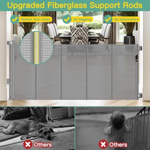 Upgraded 60 Wide Retractable Dog Gate with Reinforced Rods - Bottom Anti-Escape, 5 ft Retractable Baby Gates for Doorways Retractable Gates for Dogs Indoor/Outdoor Retractable Pet Gate, Gray