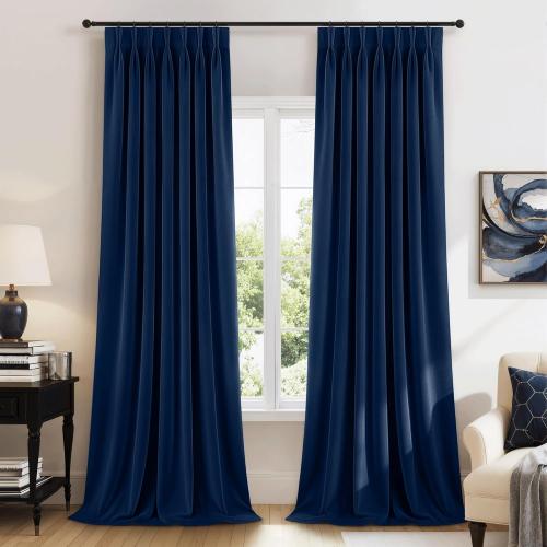 RYB HOME Navy Blue Pinch Pleated Velvet Blackout Curtains, Thermal Insulated Pinch Pleat Drapes with Hooks, Luxury Privacy Window Panels for Living Room Bedroom, 40 W x 90 L, 2 Panels Set