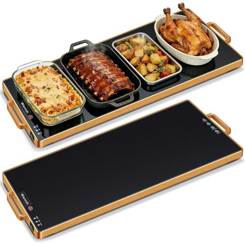 Electric Warming Tray (L 32x12)，Food Warmers for Parties Buffet with Thermostat & Full Surface Heating, Tempered Glass Warming Mat for Food, Temperature Adjustable Gold Handles Food Warming Mat