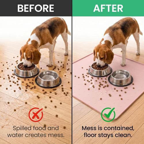 2 pack Silicone Pet Feeding Mat, 26x26 Inch Waterproof Dog Bowl Mat – Non-Slip, Machine Washable, Thin 0.23 Inch Edge for Messy Eaters, Protects Hardwood & Tile Floors, Pink