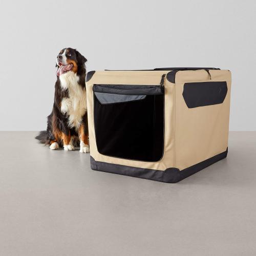 Amazon Basics Dog Crate, Travel Dog Kennel Double Door Collapsible, Lightweight Soft-Sided Folding, Portable Dog Cage, XL 42 x 31 x 31, Tan
