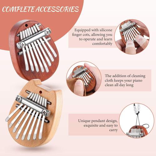 eBoot 10 Pcs 8 Keys Mini Kalimba Piano Set Include Thumb Piano with Lanyard Chain Finger Protector and Cleaning Cloth Wood Finger Pianos Gift for Adults Beginners(Wood,Oval, Cat Shaped)