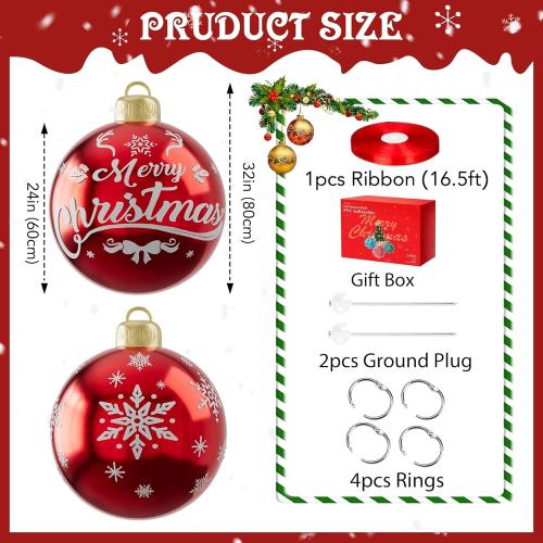 2PCS 24 Inch Christmas Inflatable Ball, PVC Giant Inflatable Ornaments Balls Red Blow up Ornament Balls, Inflatable Christmas Decorations for Outside Holiday Yard Lawn Decor(Merrychristmas Snowflake)