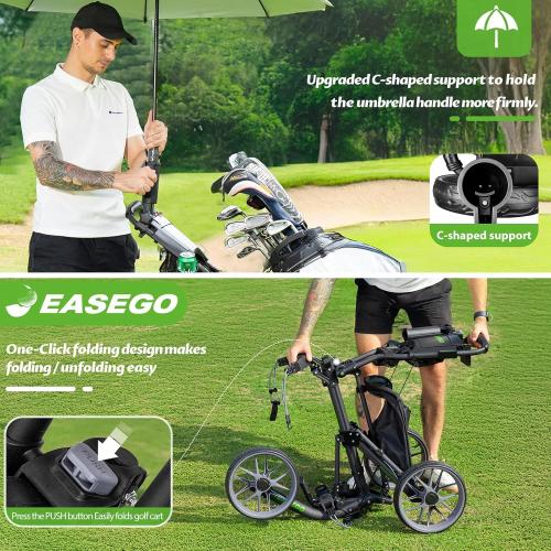 EASEGO Golf Push Cart 3 Wheel : Golf Bag Cart Foldable with Phone Holder/Cup/Umbrella Holder Compact Golf Pull Carts Quick Fold Golf Caddy Push Carts with Large Wheelbase for Different Terrain