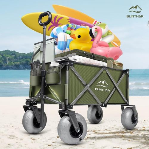 Beach Wagon with Big Wheels for Sand, Heavy Duty Collapsible Folding Wagon with All-Terrain 9 Pneumatic Tires & Drink Holders, Utility Wagon for Garden Sports Camping Outdoor Activities