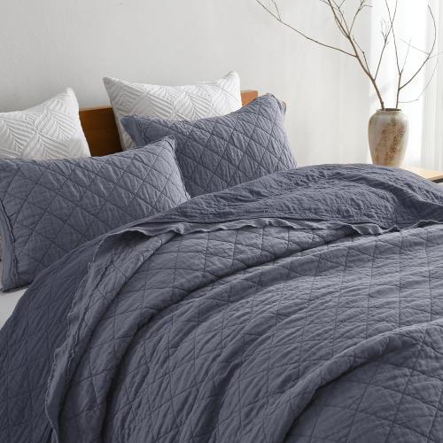 HORIMOTE HOME 100% Linen Front/100% Cotton Back Quilt Set King Size, Steel Blue Pre-Washed European Flax Linen Quilt, Diamond Stitch Bedspread Coverlet Bedding Set 3-Piece for All Seasons