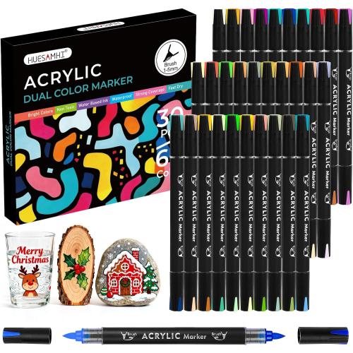 Acrylic Paint Markers 60 Colors 30 PCS Dual Tip Acrylic Markers for Adult Coloring Books No Bleeding Ideal for Glass,Ceramic,Wood,Canvas,Stone,Fabric, Rock Painting, Art Supplies