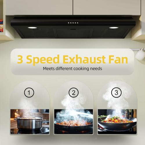 FIREGAS 36 Inch Black Under Cabinet Range Hood, 300 CFM Ducted/Ductless Convertible Kitchen Hood with 3-Speed Stove Vent Fan, LED Lights, Aluminum Filters & Charcoal Filters