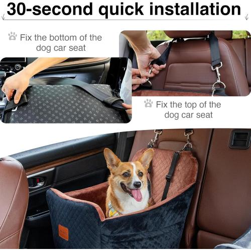 YOUVEE Dog Car Seat for Small/Medium Dog 20lbs 25lbs up to 32 lbs,Fully Detachable and Washable Puppy Booster seat with Storage Pockets,2 Adjustable Safety Belts(Black Outside Brown Inside)