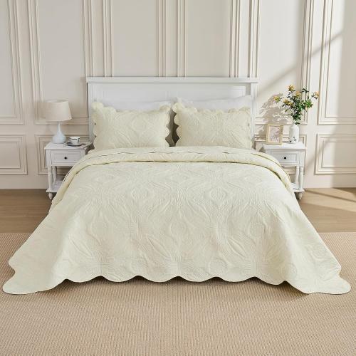 Kingnex Oversized King Bedspreads 128x120 for Extra Wide Tall King or Cal King Bed Ultrasonic Quilted Coverlet Set 3 Piece Include 1 Quilt 2 Pillowcases Cream