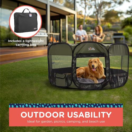 BLACK Rocky   Snowball Pop Up Playpen for Dogs - Puppy Dog Cats Rabbits Play Pen for Indoors or Outdoors - Portable Playpen with Carrying Case & Collapsible Bowl - Camo Print - XL