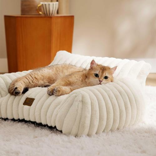 Bedsure Cute Cat Couch for Pets - Fluffy Cat beds with Premium Soft Corduroy Fleece, Fuzzy Cats beds for Indoor Cats with Removable Washable Cover, Supportive Pet Sofa, Cream
