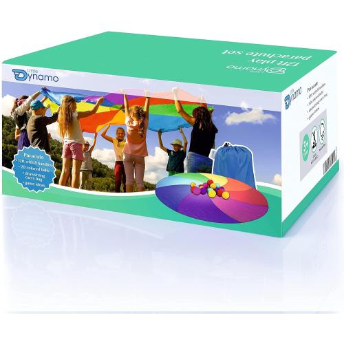 Parachute Toys for Kids with 8 Handles 12ft - Balls Included - Gym Class Rainbow Color Parachute for Cooperative Group Play - Waterproof and Reinforced Stitching