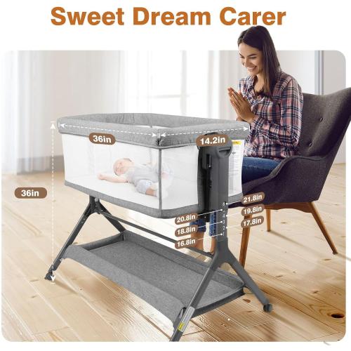 3-in-1 Baby Bassinet, Bedside Bassinet Sleeper, Rocking Bassinet with Comfy Mattress&Breathable Mesh, 6-Height Adjustable, Quiet Moveable & Easy-Assembly Grey Crib, 0-5 Months Baby