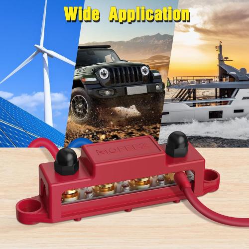 MOFEEZ Power Distribution Block Bus Bar, 4 x 3/8 Posts, 6 x #8 Screws Terminals, Max 48V 250A (Pair, Red & Black)