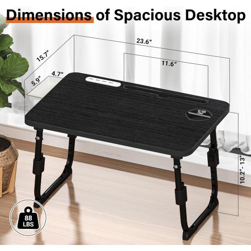 Laptop Desk for Bed Height Adjustable, Lap Bed Table with USB/Storage Drawer/Cup Holder/Tablet Stand/Book Shelf, Foldable Breakfast Tray Portable for Reading Writing, Sofa & Floor, Black