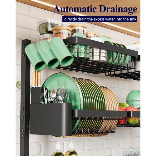 Kitsure Over The Sink Dish Drying Rack - 31.5 to 39.4 x 30.3, Adjustable Sink Drying Rack for Kitchen Sink with Multifunctional Baskets, Black