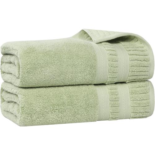 Superior Venice Zero Twist Cotton Medium Weight Bath Sheets, for Guest Bath, Bathroom, Shower, Spa, Plush Towels, Essentials, Ribbed Textured Border, Oversized Towels, Set of 4 , Green , 3 big and one small