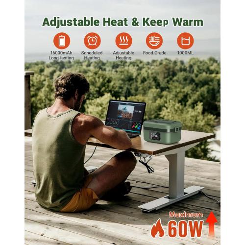 ODSD Cordless Electric Lunch Box for Adults, 16000mAh Rechargeable Self-Heating Lunch Box Food Warmer with Timer & Adjustable Heating, 34oz/1L Container with Insulated Bag for Office Car Outdoor