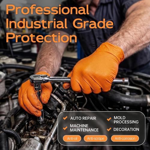 HEAVY DUTY 8 Mil Orange Nitrile Gloves, Diamond Textured Disposable Industrial Mechanic Rubber Gloves 1000PCs