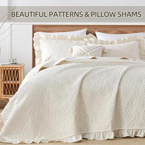 Size Large Set of 3 Quilt Bedding Set Size, Beige Ruffled Lightweight Soft Bedspreads Queen Size Coverlet, Basket Weave Quilted Blanket Thin Quilt Bed Cover for All Season - 3 Piece (1Quilt, 2 Pillow Shams)