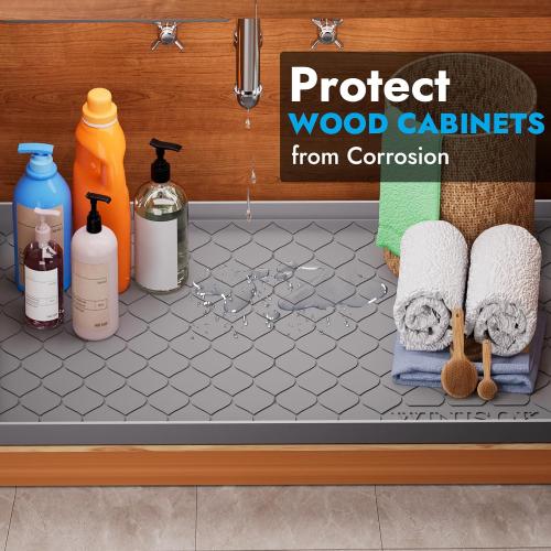 Size 28x22 Color Grey Silicone Under Sink Mat 28 x 22, Kitchen Essentials and Gadgets, Shelf Liner and Cabinet Protector, Home Organizers and Storage, Waterproof Bathroom Tray