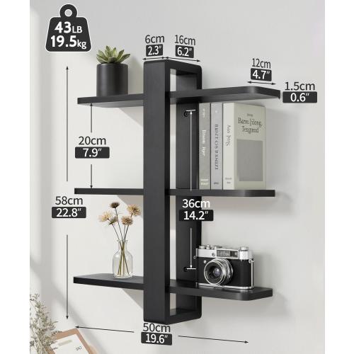 Black Floating Shelves for Wall Mounted Shelving Unit All Pine Wood 3 Tier Large Shelf for Bedroom Living Room Office Bathroom Home Decoration Storage Plant Photo Display Modern 20in