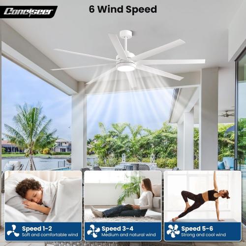 Modern Ceiling Fans with Lights, 72 Inch Ceiling Fan with Remote for Bedroom Living Room Kitchen Library Cafe Outdoor/Industrial Use,24W 3CCT 8 Blades 6 Speed Reversible Quiet DC Motor, White