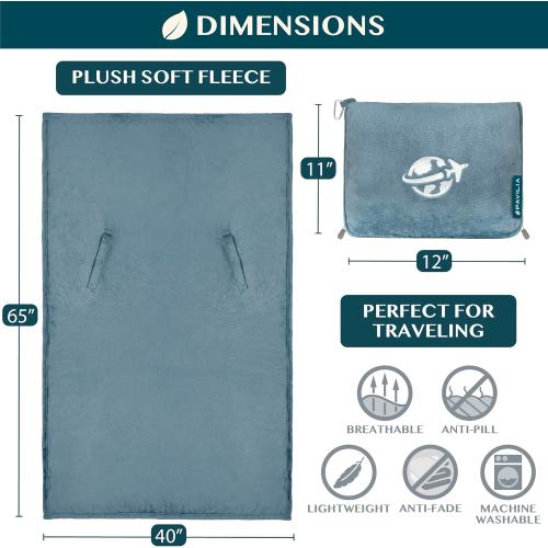 PAVILIA Travel Blanket and Pillow, Arms Opening Airplane Blankets for Adults, Compact Plane Blanket with Arm Hole 2-in-1 Bag for Flight Car Camping Fit in Luggage Backpack Traveler Gift, Blue