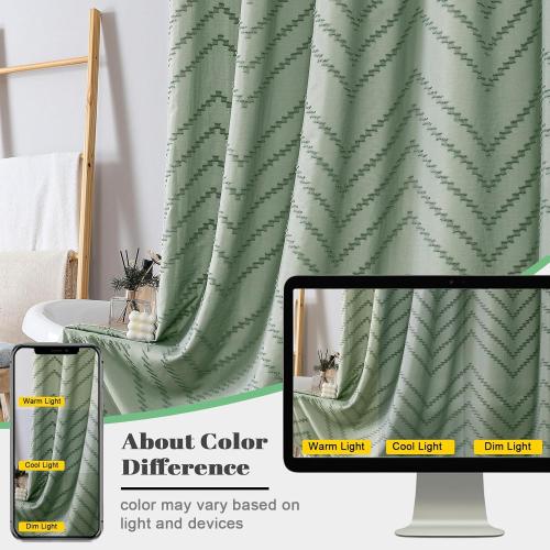 OWENIE Sage Green Fabric Shower Curtain, Boho Shower Curtains for Bathroom Chic Tufted Chevron Striped Textured with Tassel, Soft Hotel Style Farmhouse, Machine Washable, 72x78, Sage Green