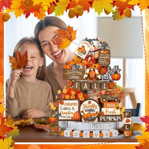 Maitys 21 Pcs Thanksgiving Tiered Tray Decor Set Fall Pumpkin Gnome Truck Scarecrow Wood Sign Rustic Farmhouse Decor Hello Fall Wood Bead Decorative Tabletop Sign for Autumn Thanksgiving Day(Vintage)