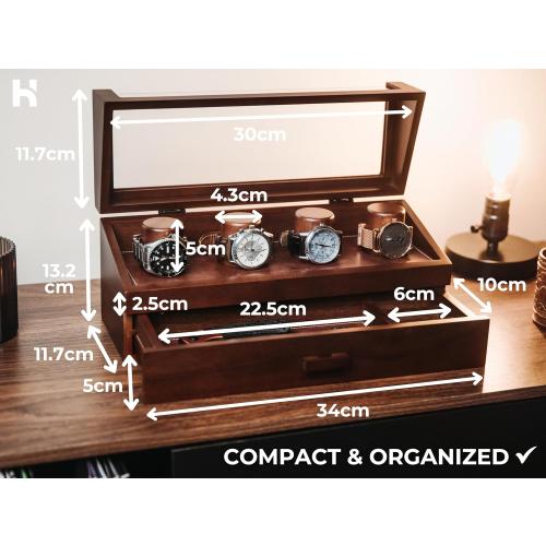 Holme & Hadfield 4 Slot Luxury Watch Display Case with Hinged Cover, Drawer