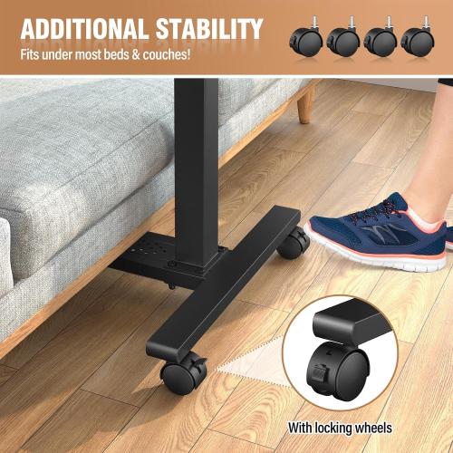 Black Adjustable Overbed Bedside Table, Hospital Bed Table with Wheels, Portable Rolling Desk, Mobile Small Standing Desk, Rolling Laptop Stand, Computer Cart
