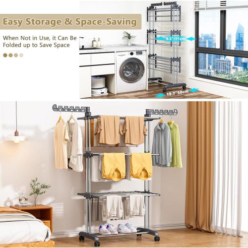Upgraded 4-Tier Clothes Drying Rack, Drying Rack Clothing with Wheels | Large Foldable Laundry Drying Rack, Clothes Rack with Side Hooks for Indoor Outdoor Air Drying, 19.68D x 29.9W x 67.7H
