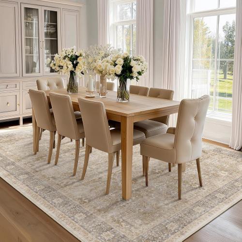Vintage Beige 8x10 Area Rugs for Living Room, Retro Neutral Earth Tone Carpet Rug for Bedroom Dining Room, Low Pile Thin Washable Non Slip Room Rug for Home Office Playroom Family Room