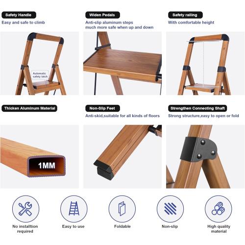 Step Ladders Folding 3-Step Woodgrain Finish Aluminum Foldable Step Stool,Anti-Slip Portable Sturdy for Home & Kitchen Office 330 lbs