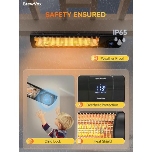 BrewVox 1500W Carbon Infrared Electric Outdoor Patio Heater with Thermostat, Horizontal & Vertical, Smart App-Controlled Scheduling & Remote On/Off, IP65 Weatherproof, Overheat Protection, 24H Timer