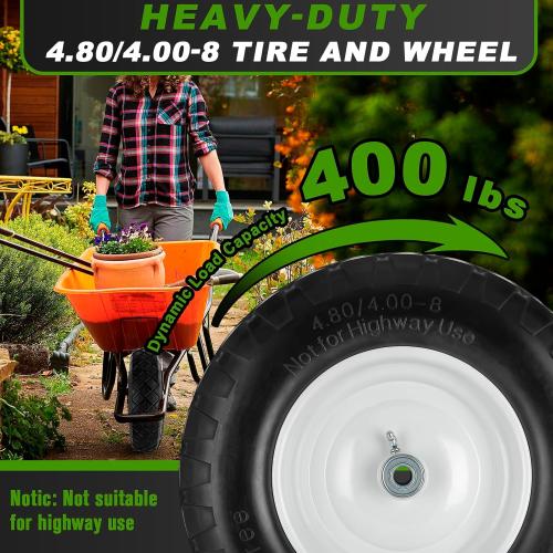 4.80/4.00-8 Tire and Wheel, 16 Flat Free Solid Wheelbarrow Tire with 5/8&3/4 Bearings 3 Hub, 14-16 Universal Fit Wheelbarrow Tires for Hand Truck/Garden Trailer/Trolley/Wagons
