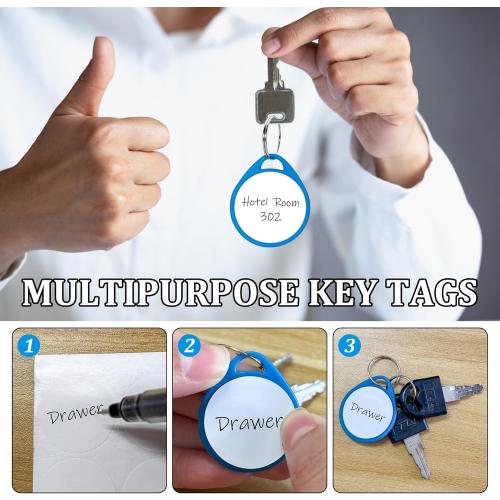 100 Pcs Rack Key Tags with Label 1.5 Inch Reusable Round Plastic Tags with Blank Paper Stickers and Split Rings, Item Identifiers for Home,Office and Rental Management Use (Blue)