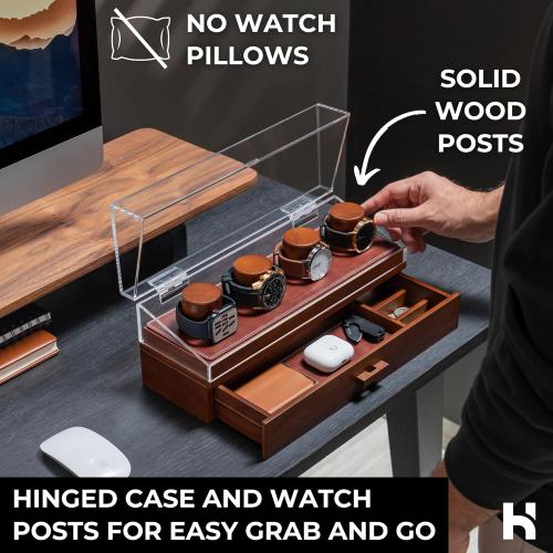 Holme & Hadfield Premium 4-Slot Wooden Watch Display Case – Handcrafted Men’s Watch Box with Accessory Drawer, Hinged Cover, Leather Lining – Christmas Gift for Collectors – Luxury Built to Last